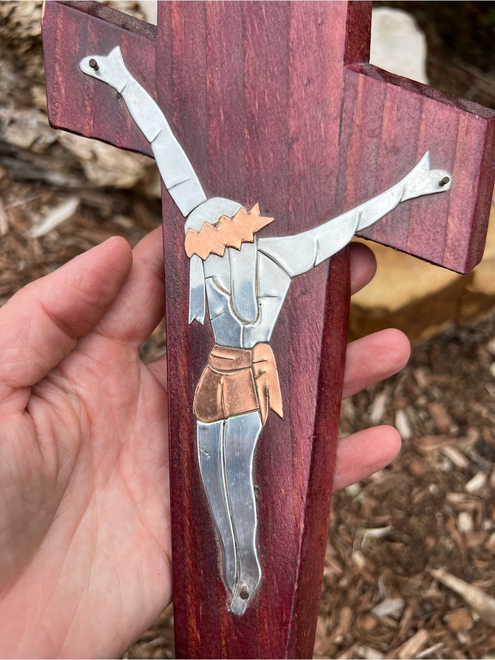Wooden Cross Wall Art with Silver and Copper Inlay - Picture 4 of 11